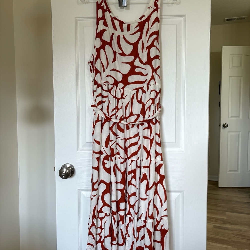 Sonoma Brick Red and Cream Leaf Print Cotton Belted and Tiered Maxi Dress XL